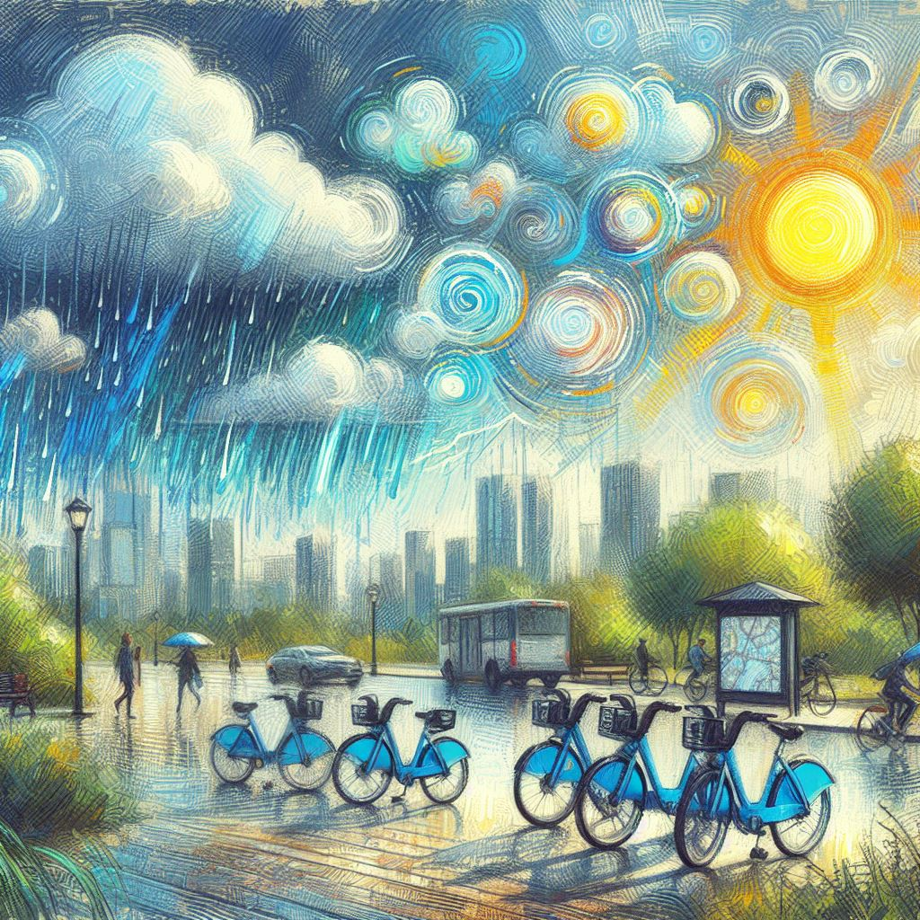 Impressionistic picture of BlueBikes and weather